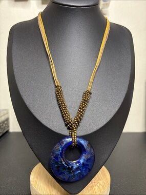 Blue Dichroic Glass Donut Pendant Necklace with Gold Bead Strand